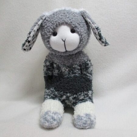 Soft cuddly handmade soft sock toy in shades of grey. Ears are line with poly/cotton fabric.