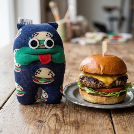 Handmade mini sockie friend made from burger patterned socks, next to a burger