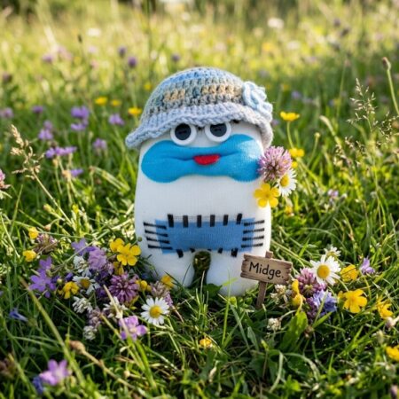 Handmade Mini Sockie Friend. Made from white socks with blue patches, wearing a hat,