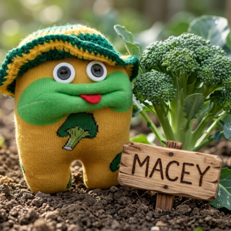 handmade mini sockie friend, yellow with broccoli pattern, wearing hat